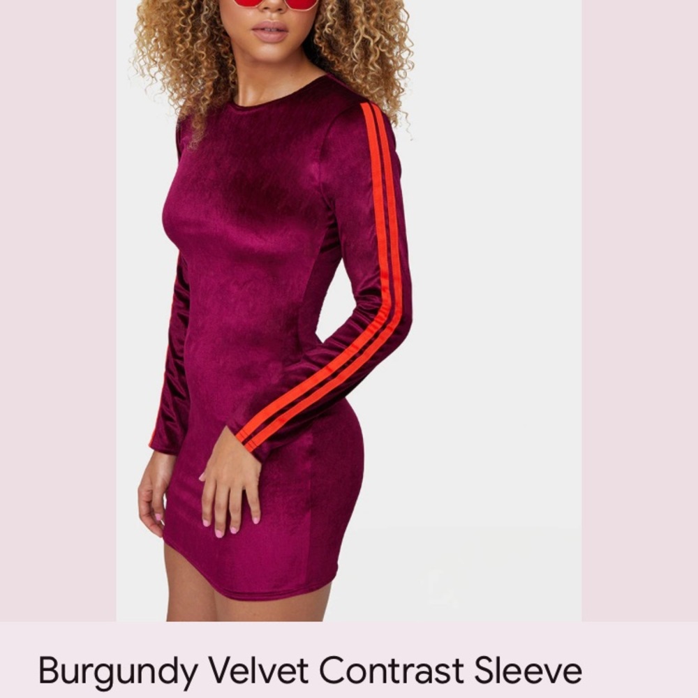 Burgandy velvet contrast sleeve stripe bodycon dress size 16